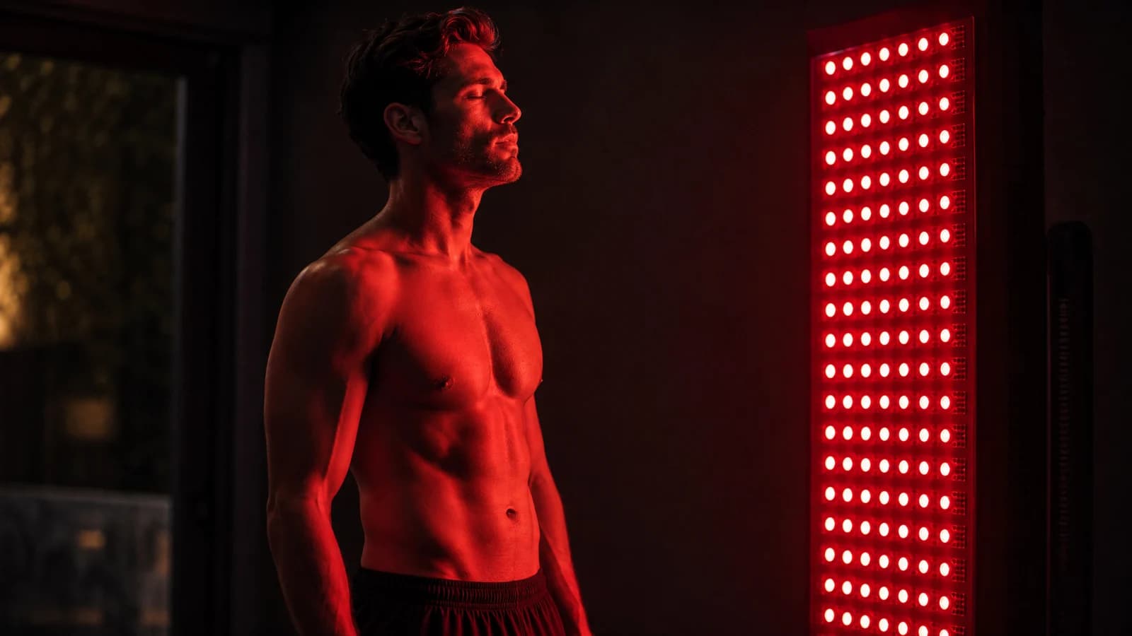 A man before a red-light therapy panel in a dark room, copper on black